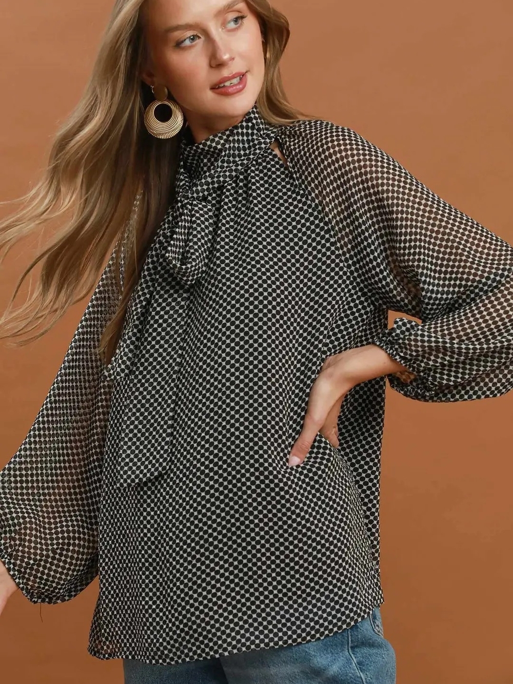 Women's Black & White Geometric Tie-Neck Blouse - Picture 1 of 6
